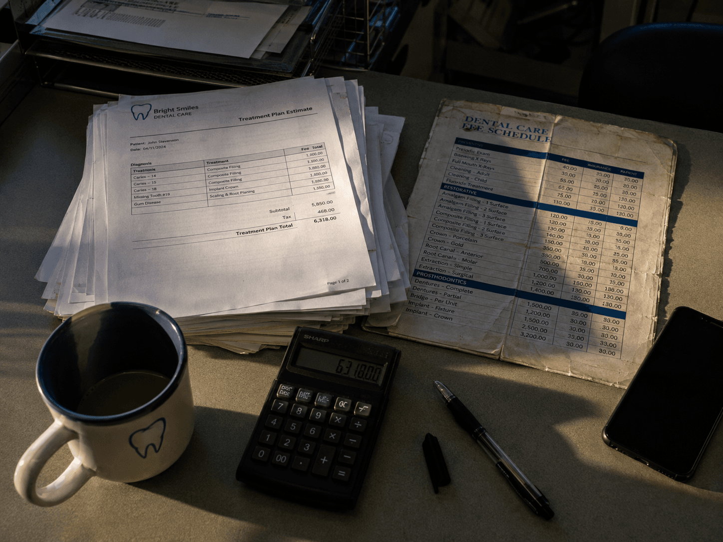 Mesa de consultório com papéis de orçamento, calculadora e uma tabela de preços impressa